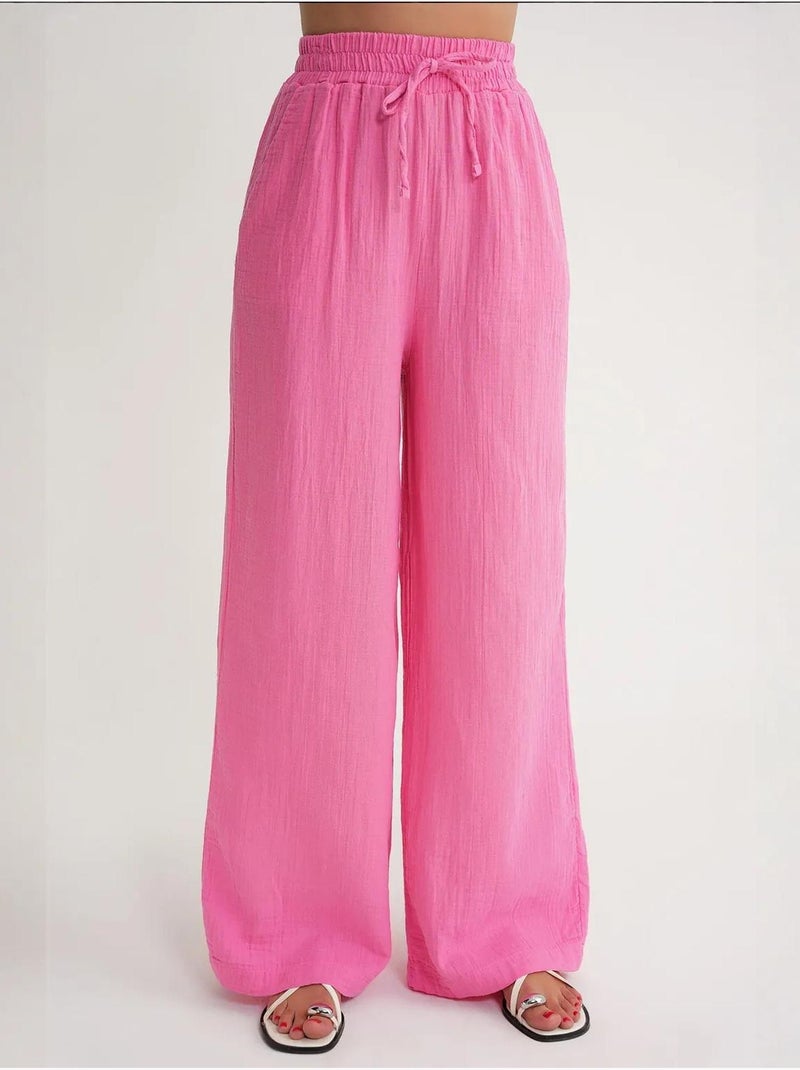 Pantaloni a vita alta in mussola testurizzata mixray Rosa - Kiabi