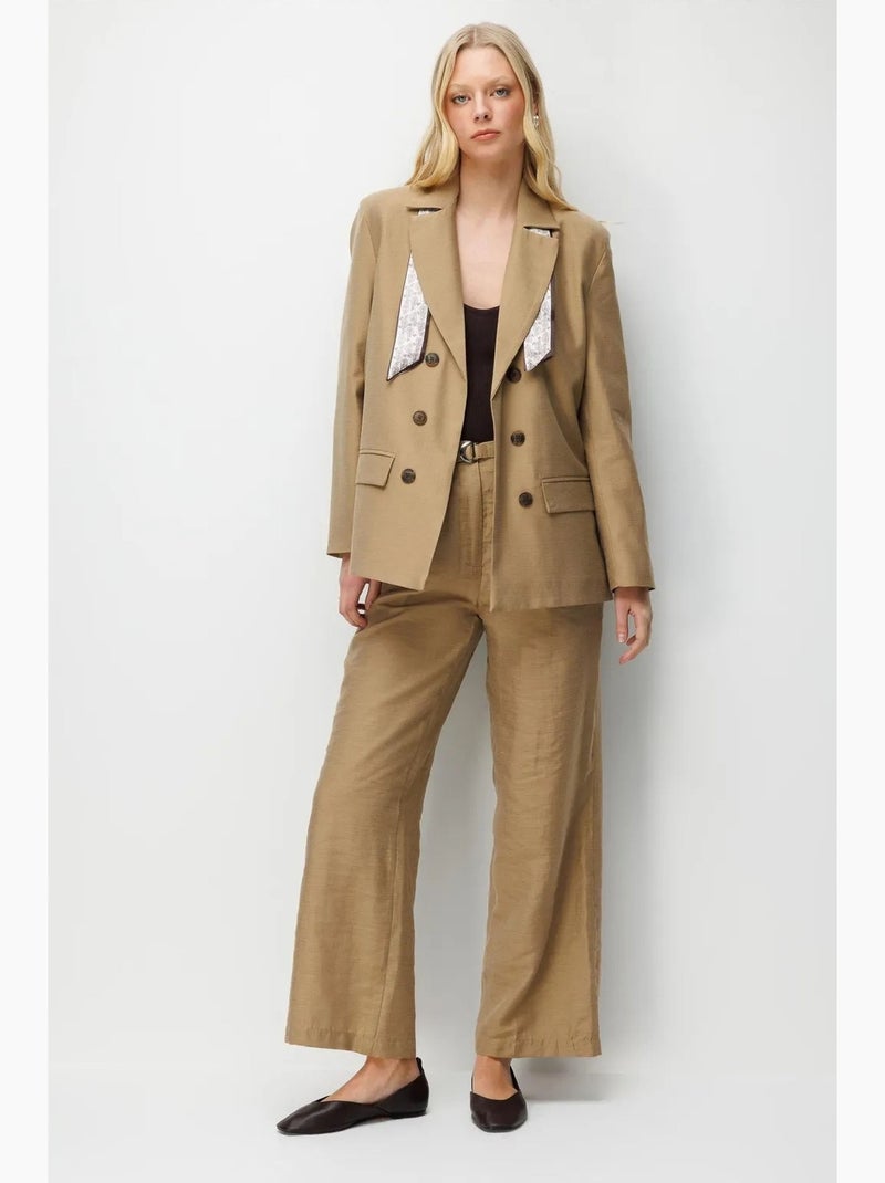 Pantaloni a vita alta testurizzati a gamba larga con cintura mixray Grège - Kiabi
