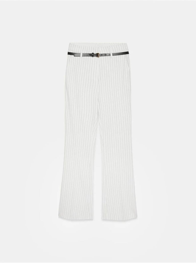 Pantaloni a zampa a righe a vita alta con cintura dilvin Bianco - Kiabi