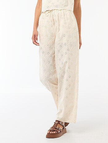 Pantaloni ampi con ricamo inglese in cotone tinta unita