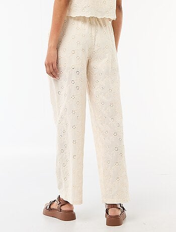 Pantaloni ampi con ricamo inglese in cotone tinta unita