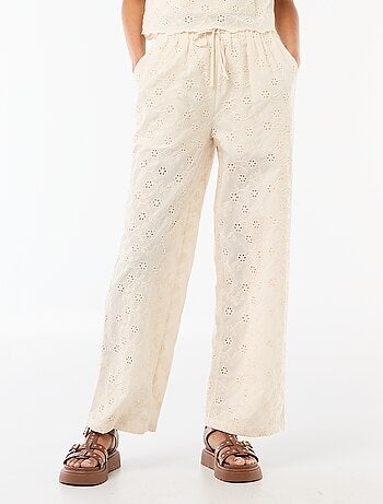 Pantaloni ampi con ricamo inglese in cotone tinta unita