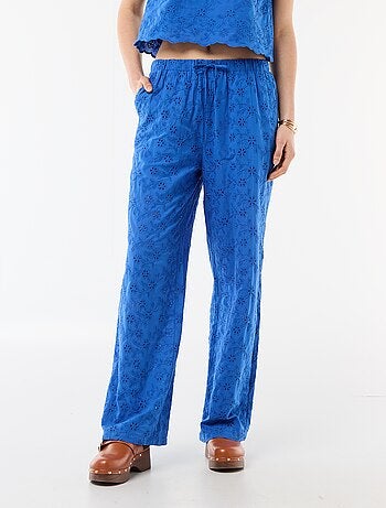 Pantaloni ampi con ricamo inglese in cotone tinta unita