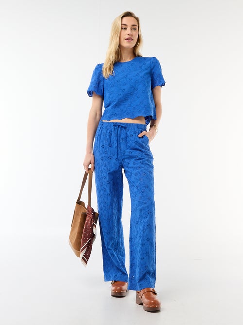 Pantaloni ampi con ricamo inglese in cotone tinta unita - Kiabi