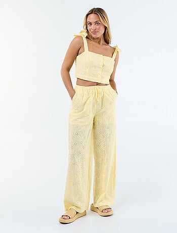 Pantaloni ampi con ricamo inglese in cotone tinta unita
