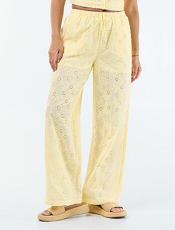 Pantaloni ampi con ricamo inglese in cotone tinta unita