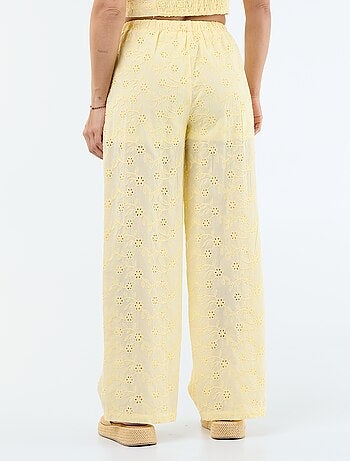 Pantaloni ampi con ricamo inglese in cotone tinta unita