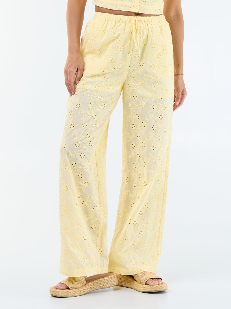 Pantaloni ampi con ricamo inglese in cotone tinta unita Giallo - Kiabi