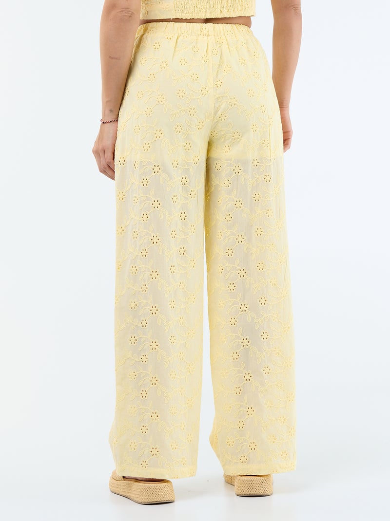 Pantaloni ampi con ricamo inglese in cotone tinta unita Giallo - Kiabi