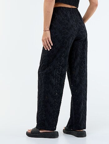 Pantaloni ampi con ricamo inglese in cotone tinta unita
