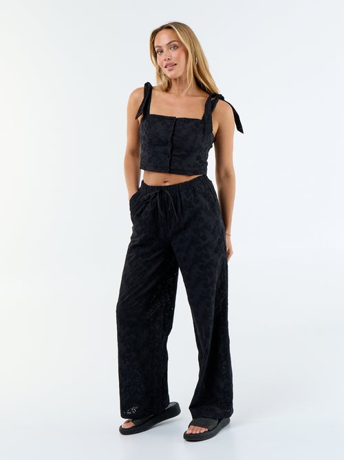 Pantaloni ampi con ricamo inglese in cotone tinta unita - Kiabi