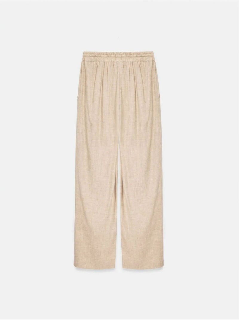 Pantaloni da donna in tessuto a gamba larga con vita con coulisse Beige - Kiabi