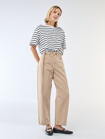 Pantalone denim barrel fit tinta unita con fiocco