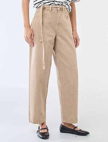 Pantalone denim barrel fit tinta unita con fiocco