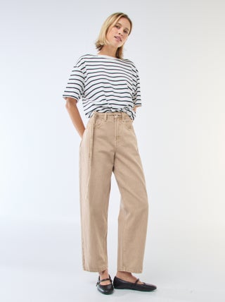 Pantaloni denim barrel fit tinta unita con nodo