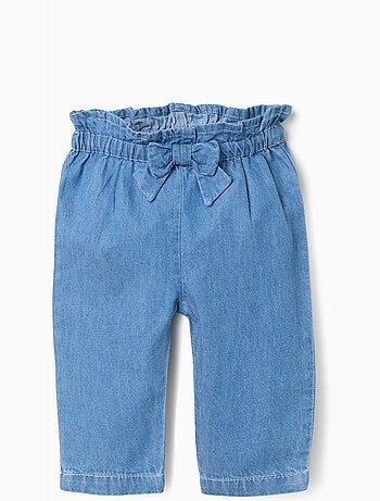 Pantaloni denim paperbag con fiocco decorativo