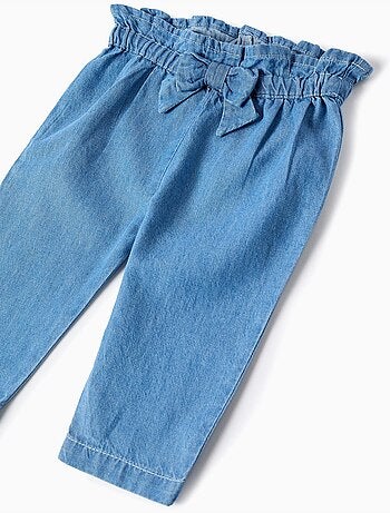 Pantaloni denim paperbag con fiocco decorativo