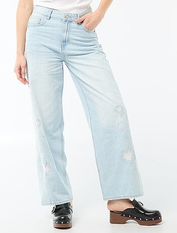 Pantaloni denim wide leg con ricami