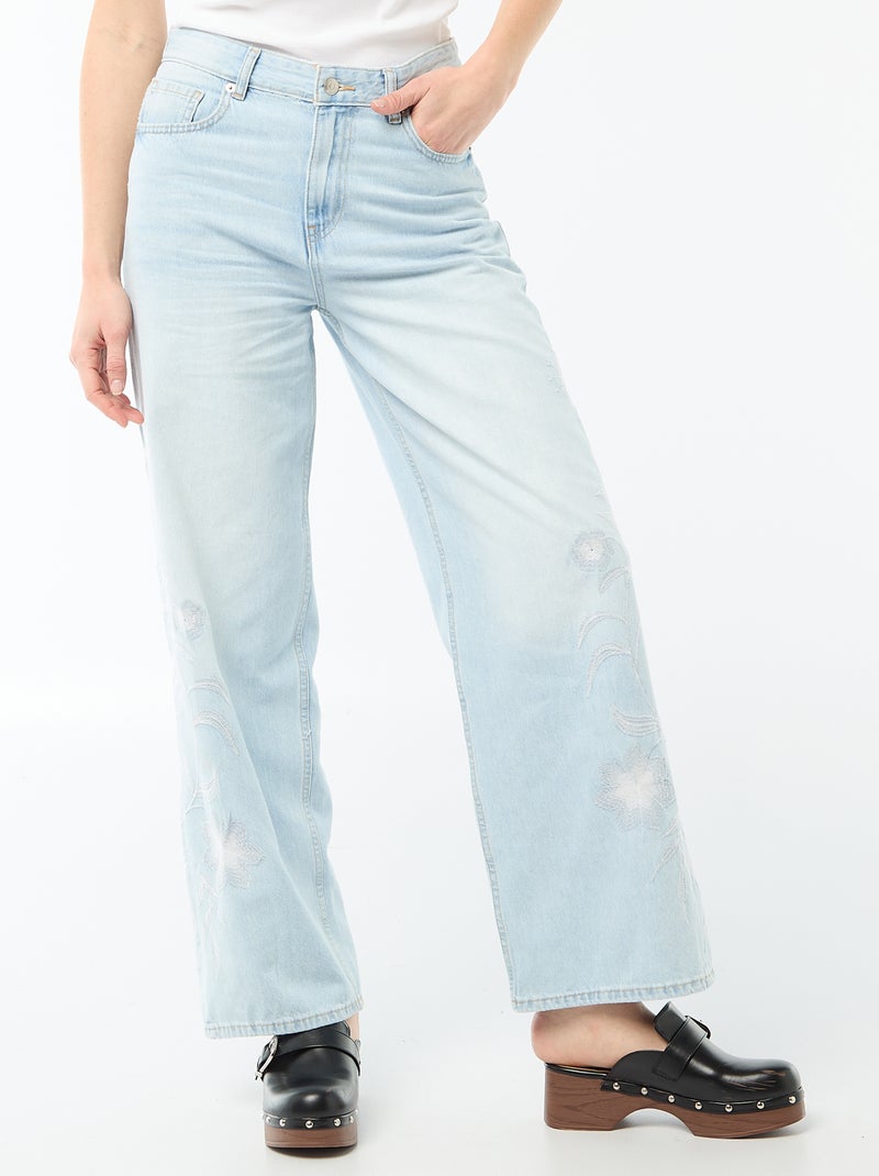Pantaloni denim wide leg con ricami Blu - Kiabi