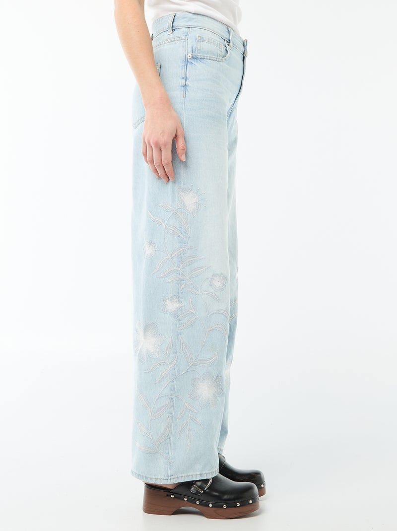 Pantaloni denim wide leg con ricami Blu - Kiabi