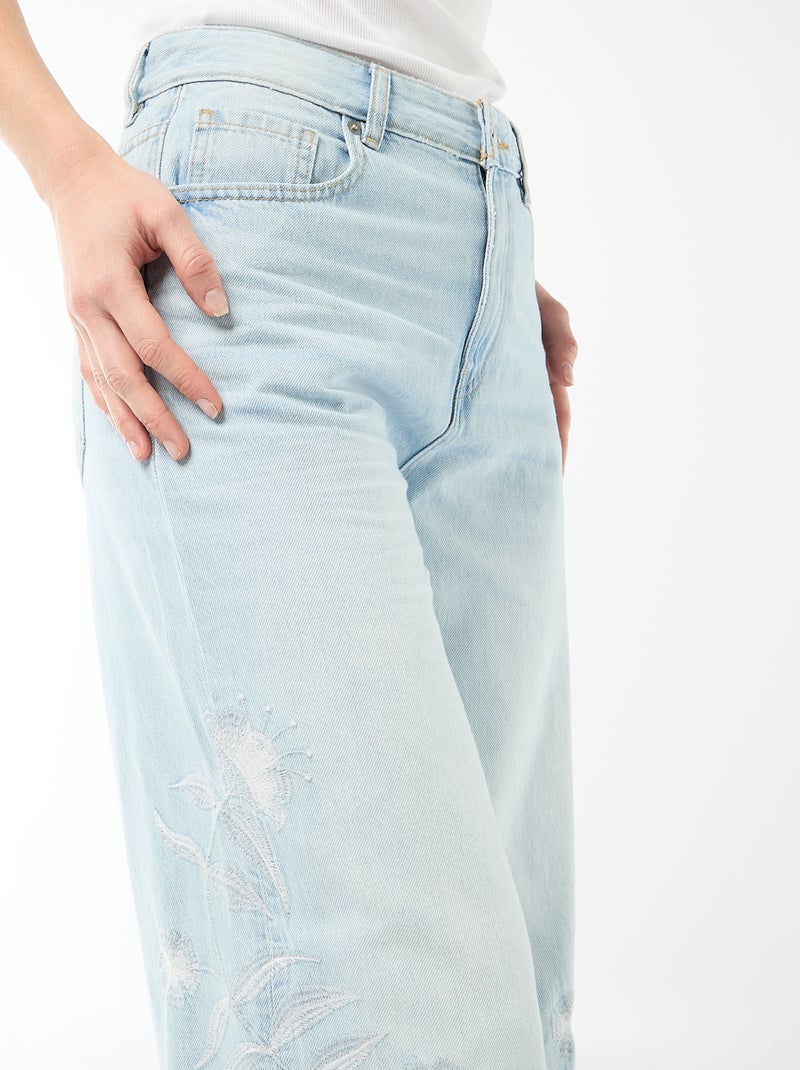 Pantaloni denim wide leg con ricami Blu - Kiabi