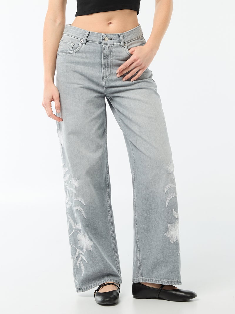 Pantaloni denim wide leg con ricami Grigio - Kiabi