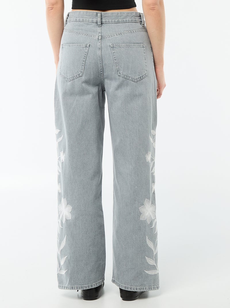 Pantaloni denim wide leg con ricami Grigio - Kiabi