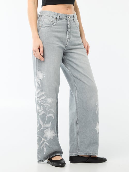 Pantaloni denim wide leg con ricami - Kiabi