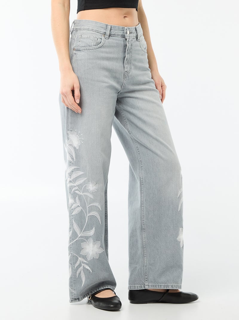 Pantaloni denim wide leg con ricami Grigio - Kiabi