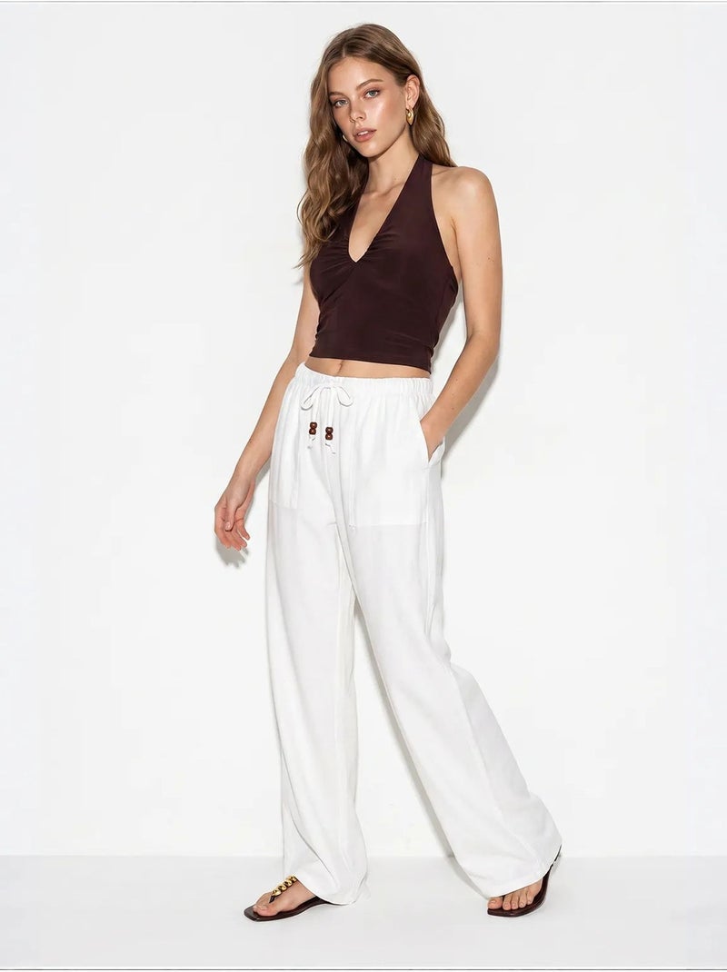 Pantaloni in cotone a gamba ampia con vita con coulisse lucci Bianco - Kiabi