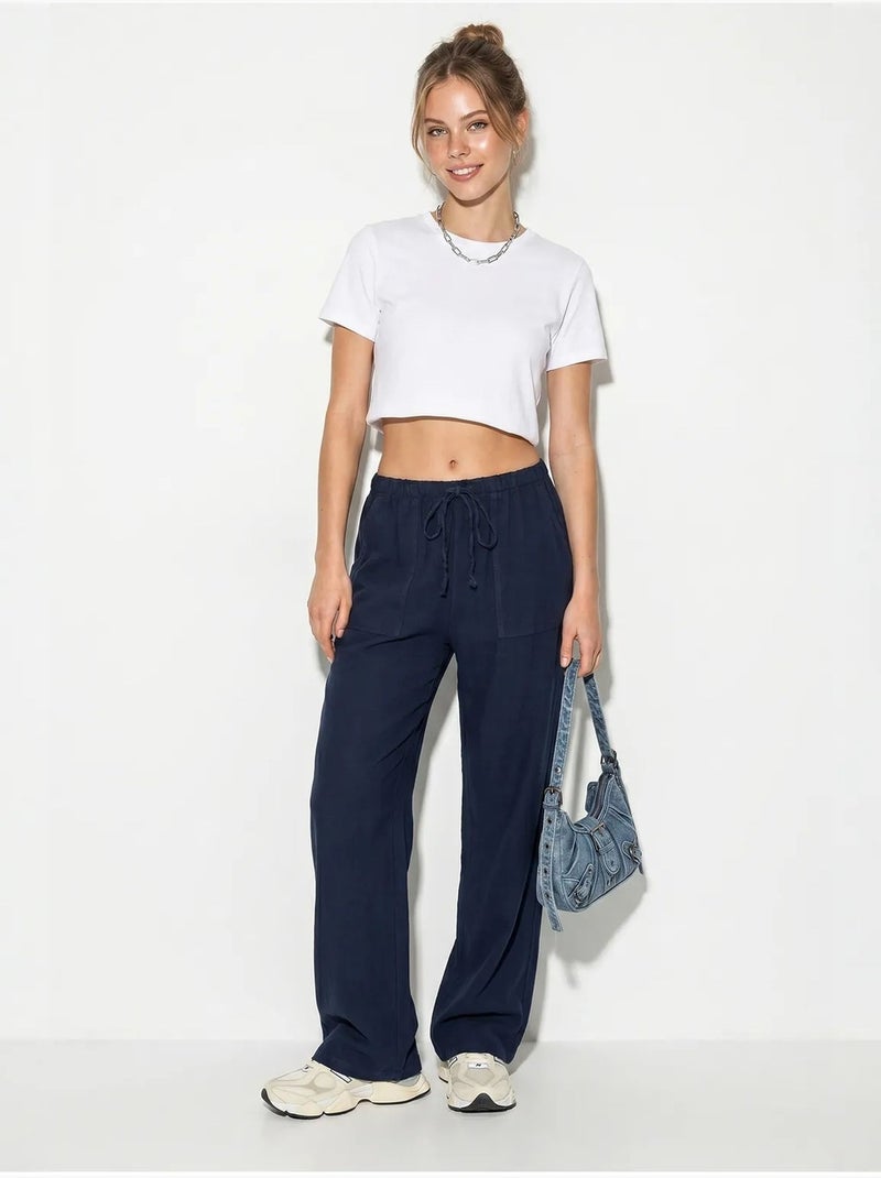 Pantaloni in cotone a gamba ampia con vita con coulisse lucci Blu marino - Kiabi