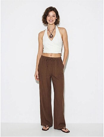 Pantaloni in cotone a gamba ampia con vita con coulisse lucci