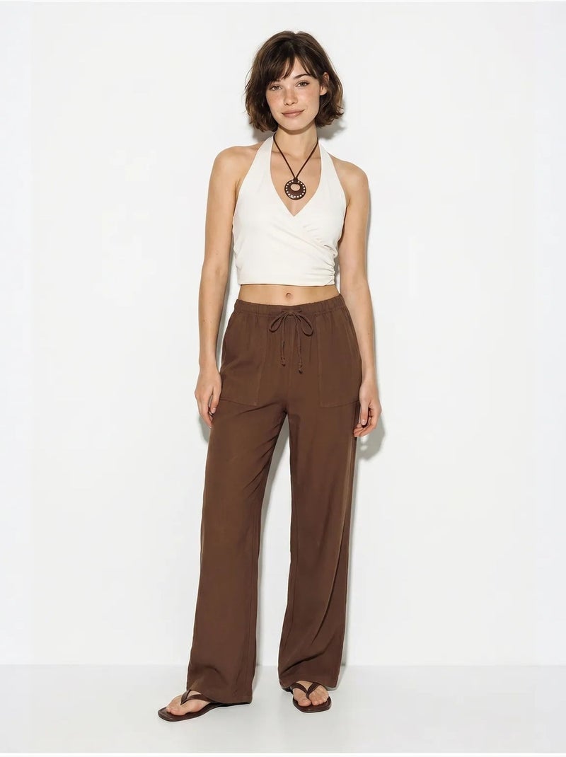Pantaloni in cotone a gamba ampia con vita con coulisse lucci Marrone - Kiabi