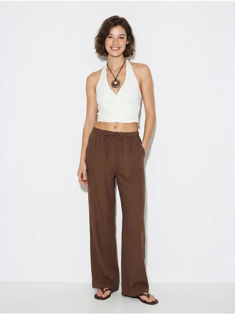 Pantaloni in cotone a gamba ampia con vita con coulisse lucci Marrone - Kiabi
