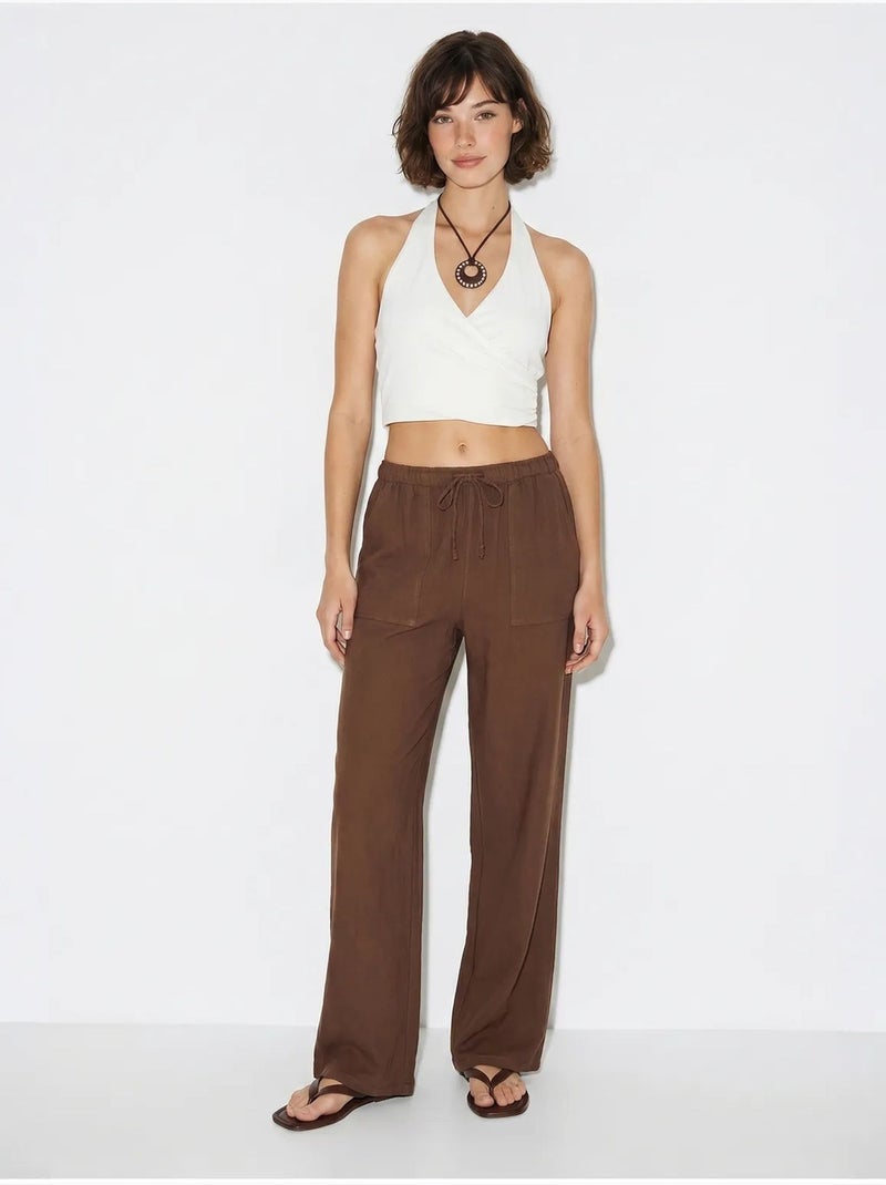 Pantaloni in cotone a gamba ampia con vita con coulisse lucci Marrone - Kiabi