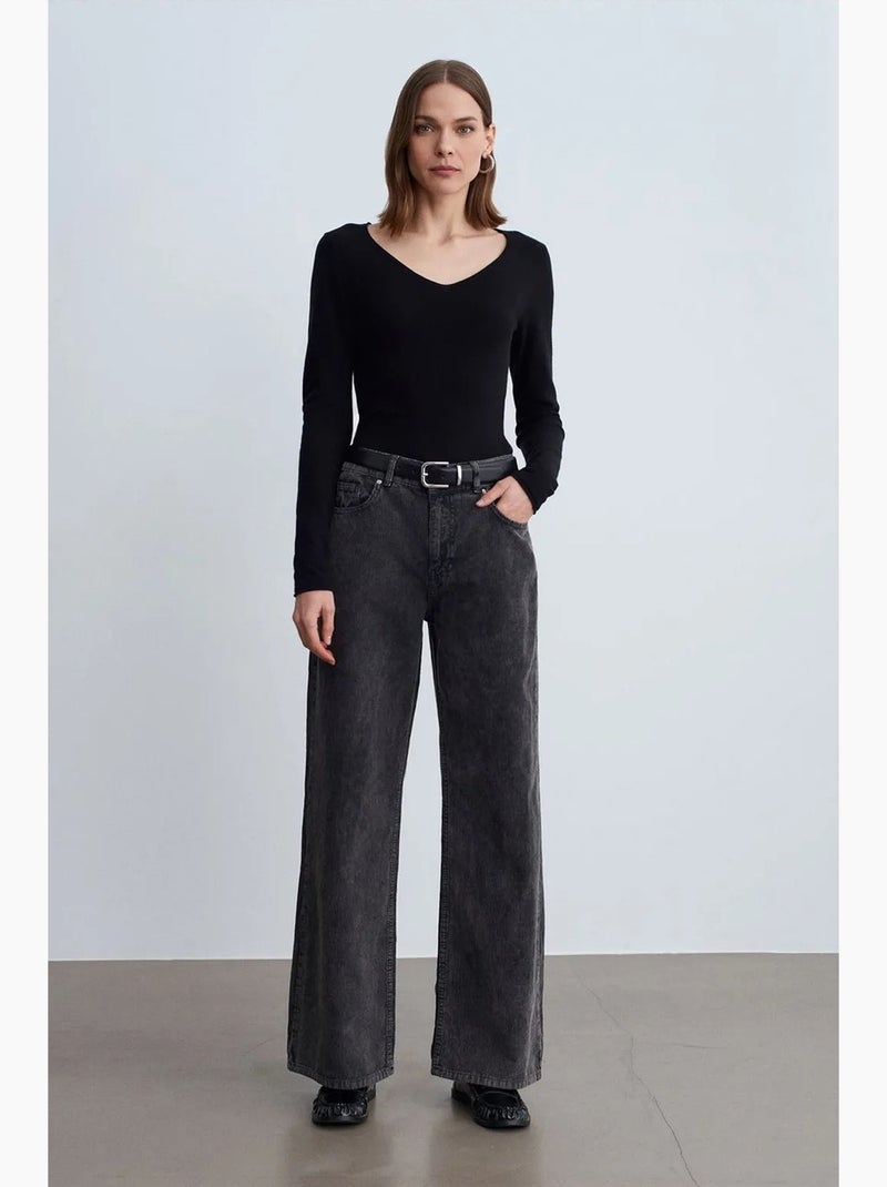 Pantaloni in cotone a vita alta a gamba ampia dilvin Grigio nero - Kiabi