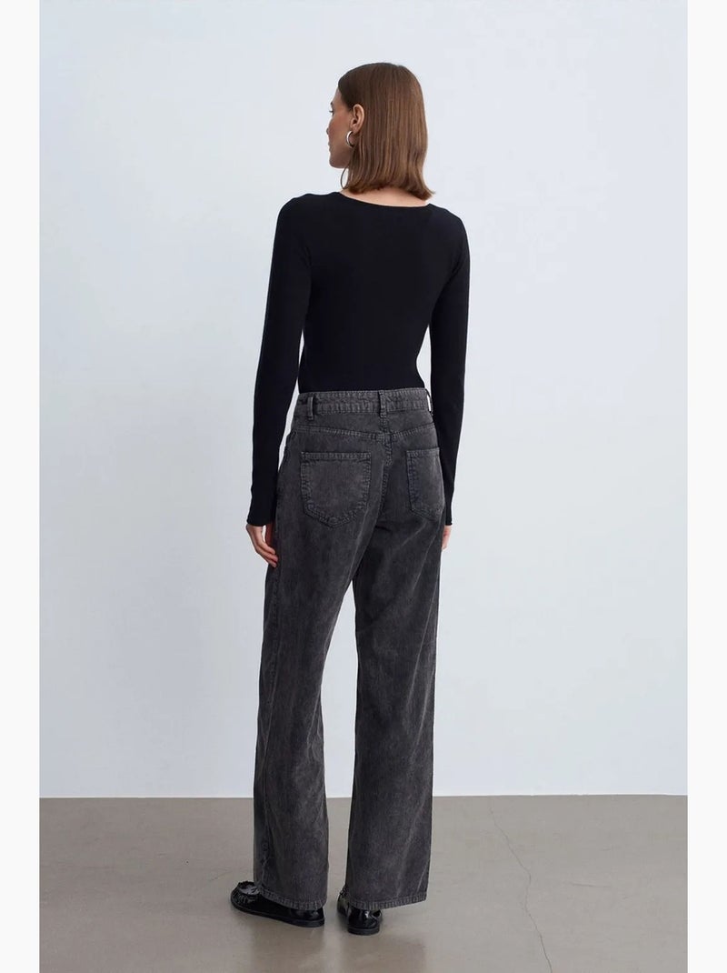 Pantaloni in cotone a vita alta a gamba ampia dilvin Grigio nero - Kiabi