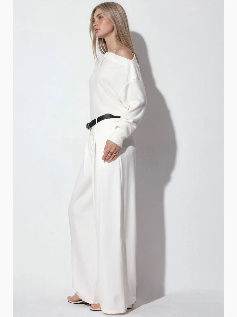 Pantaloni in crêpe a gamba ampia a vita alta con cintura busem Bianco sporco - Kiabi
