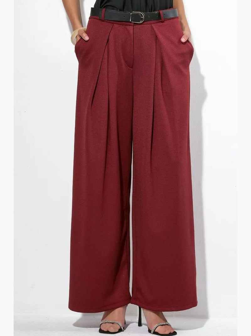 Pantaloni in crêpe a gamba ampia a vita alta con cintura busem Rosso bordeaux - Kiabi