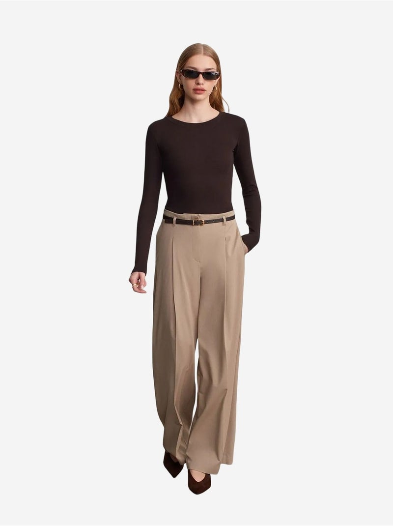 Pantaloni in crêpe a gamba ampia con cintura da donna dilvin Beige argilla - Kiabi