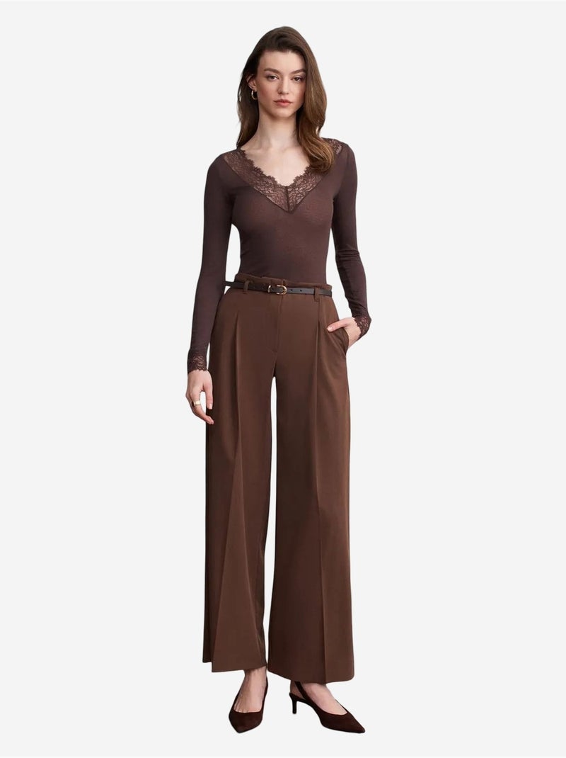 Pantaloni in crêpe a gamba ampia con cintura da donna dilvin Marrone cioccolato - Kiabi