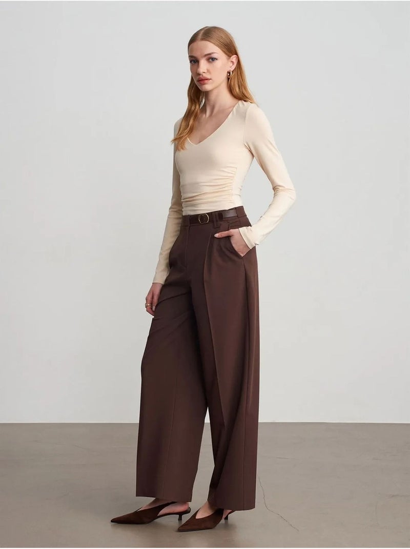 Pantaloni in crêpe a gamba ampia con cintura dilvin Marrone cioccolato - Kiabi