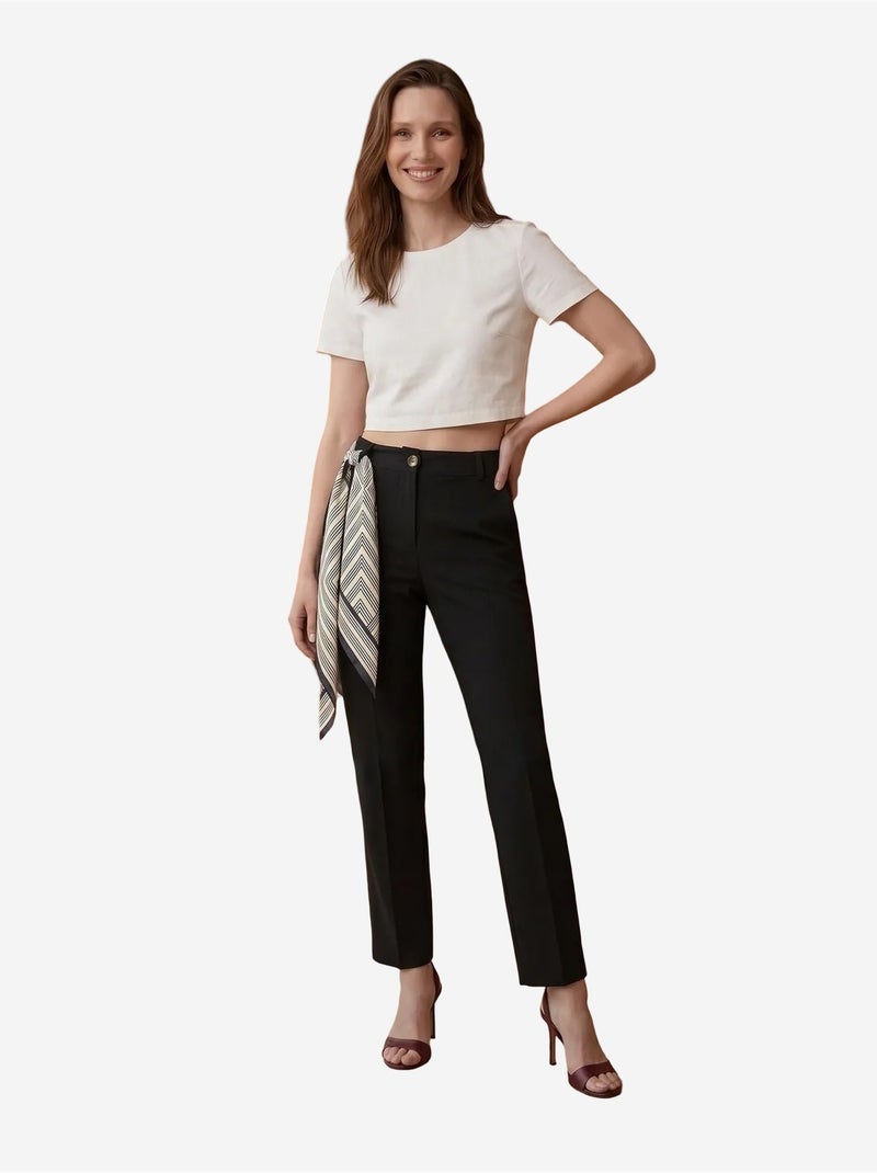 Pantaloni in crêpe a gamba dritta a vita alta con cintura my fashion Nero - Kiabi