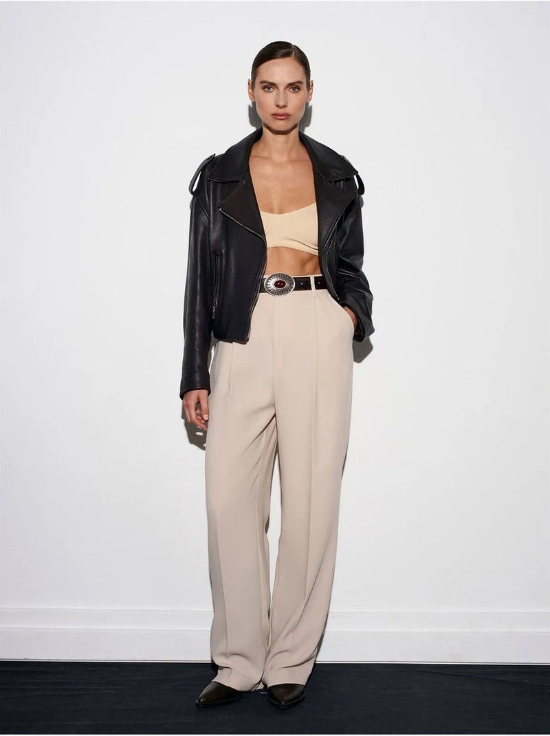 Pantaloni in crêpe a vita alta a gamba ampia Beige - Kiabi