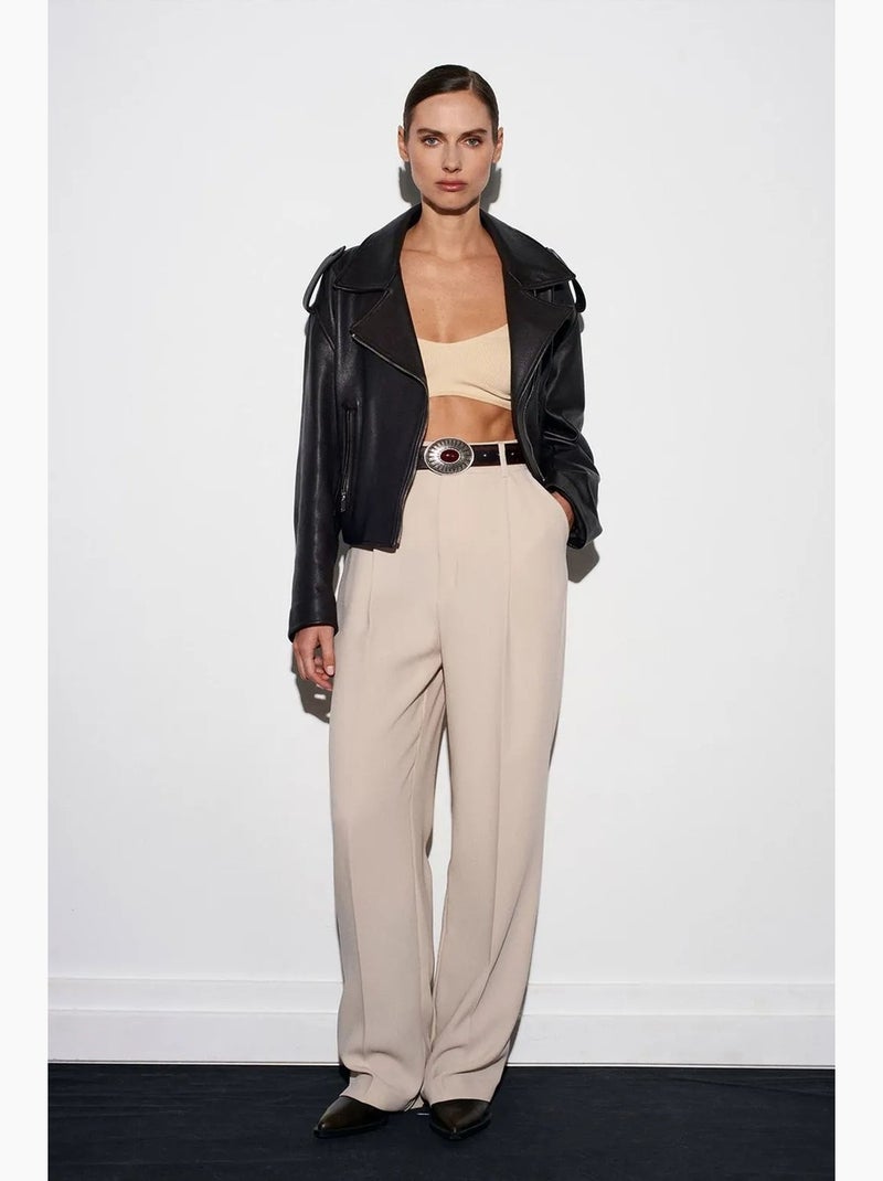 Pantaloni in crêpe a vita alta a gamba ampia dilvin Beige argilla - Kiabi