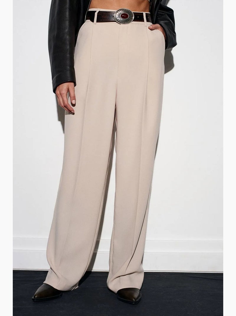 Pantaloni in crêpe a vita alta a gamba ampia dilvin Beige argilla - Kiabi