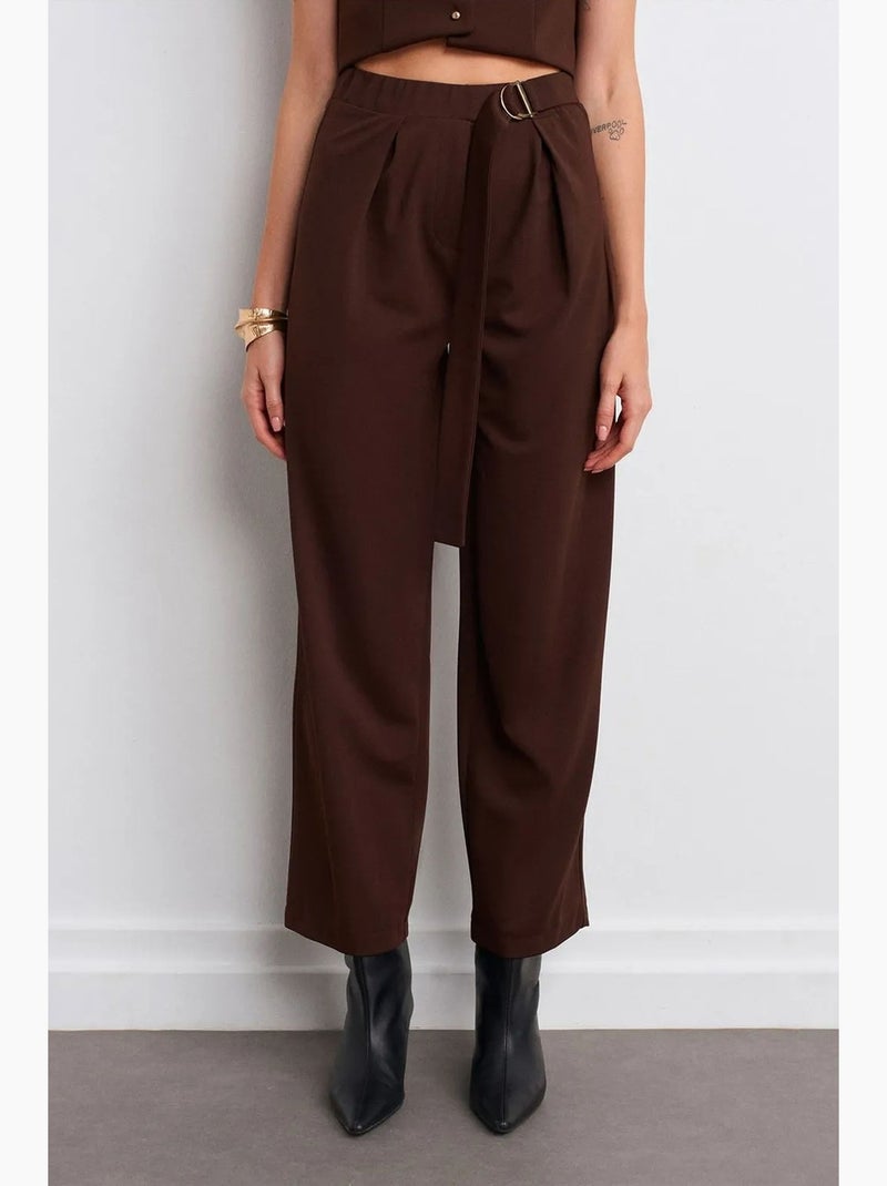 Pantaloni in crêpe a vita alta a gamba ampia dilvin Marrone cioccolato - Kiabi
