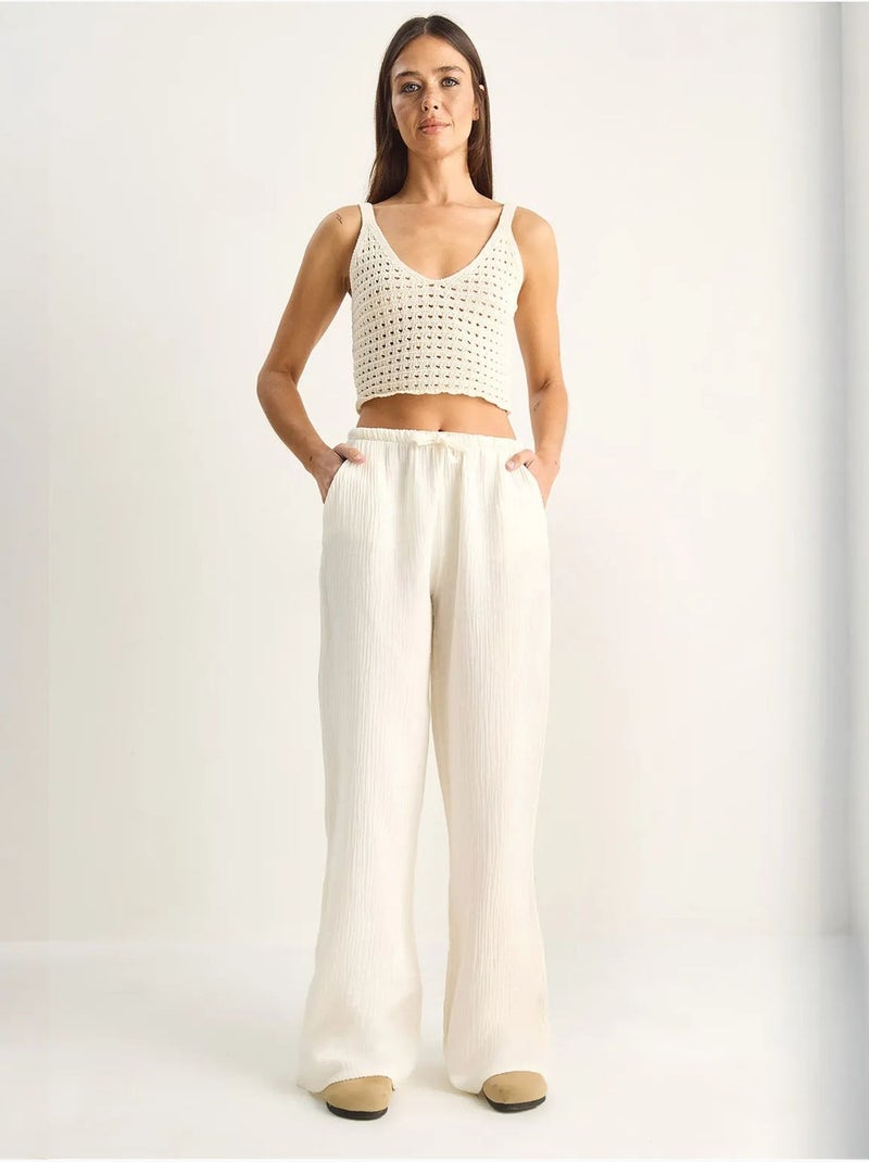 Pantaloni in crêpe di cotone a gamba larga lucci Bianco sporco - Kiabi