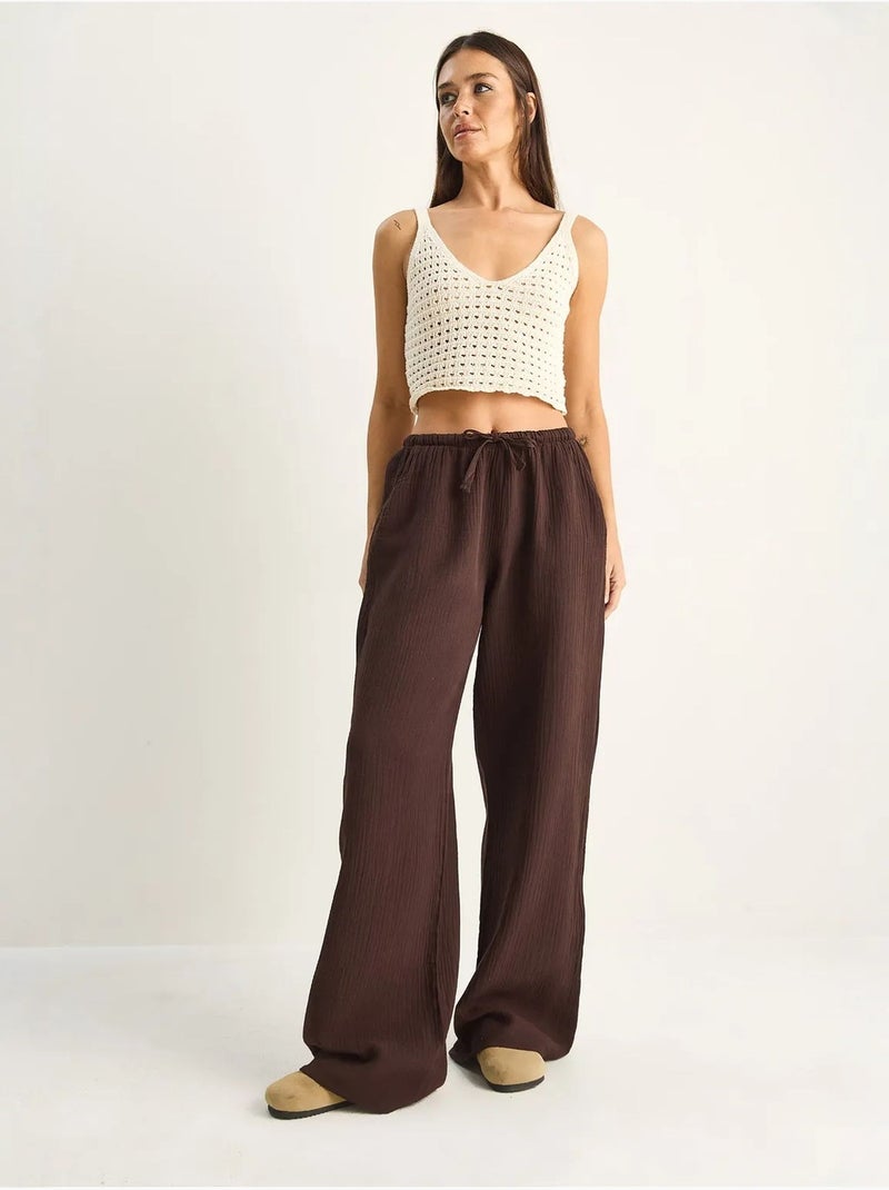 Pantaloni in crêpe di cotone a gamba larga lucci Marrone cioccolato - Kiabi