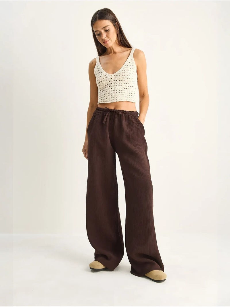 Pantaloni in crêpe di cotone a gamba larga lucci Marrone cioccolato - Kiabi